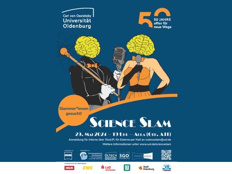 Science-Slam-Plakat für den Science Slam in Oldenburg am 29.05.24 in der Aula der Universität.