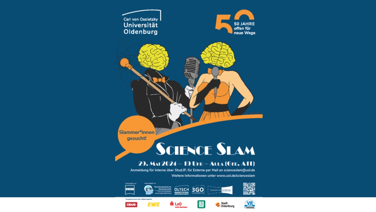 Science-Slam-Plakat für den Science Slam in Oldenburg am 29.05.24 in der Aula der Universität.